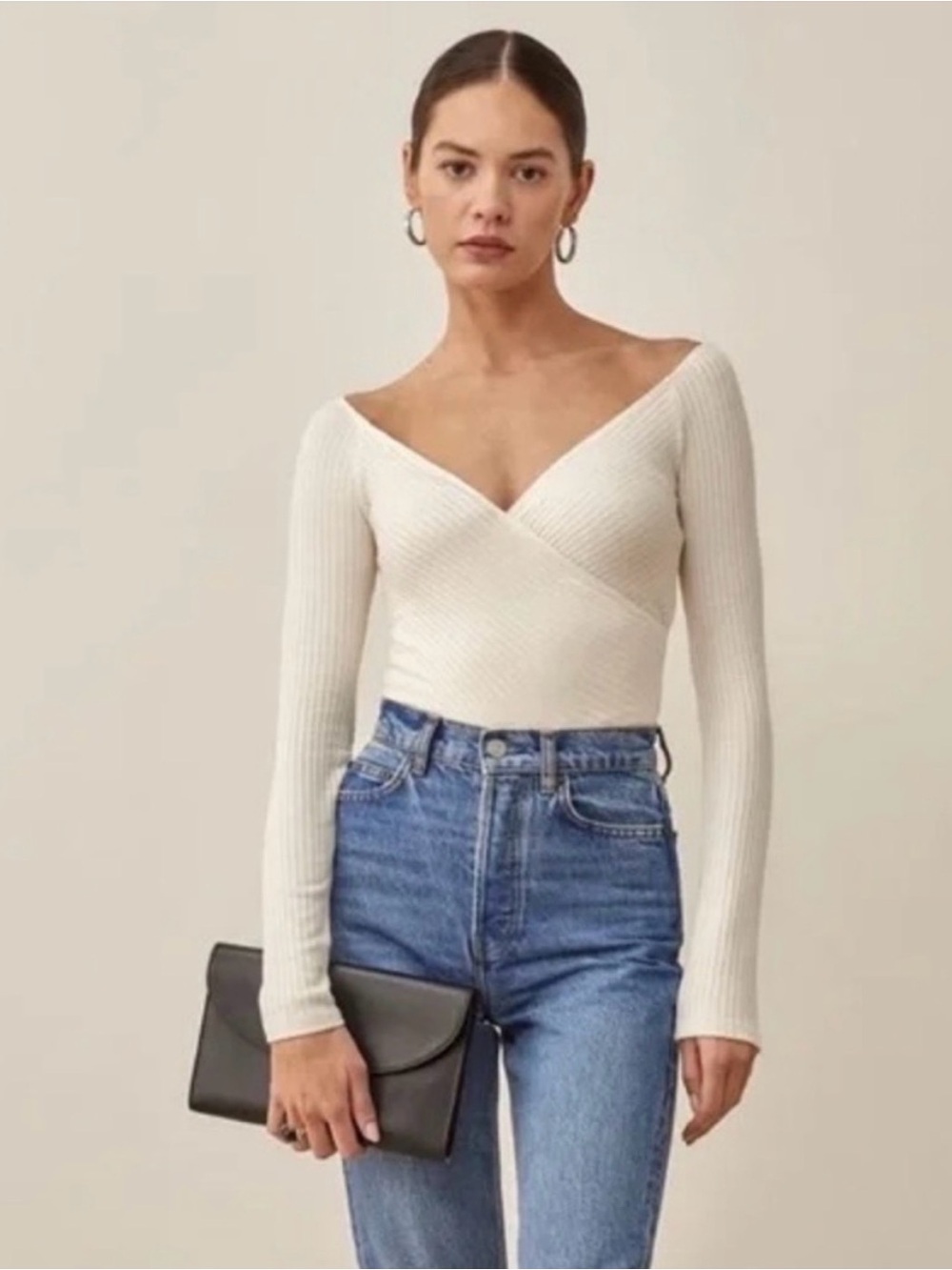 Reformation Cream Ribbed Wrap V-Neck Long Sleeve Top